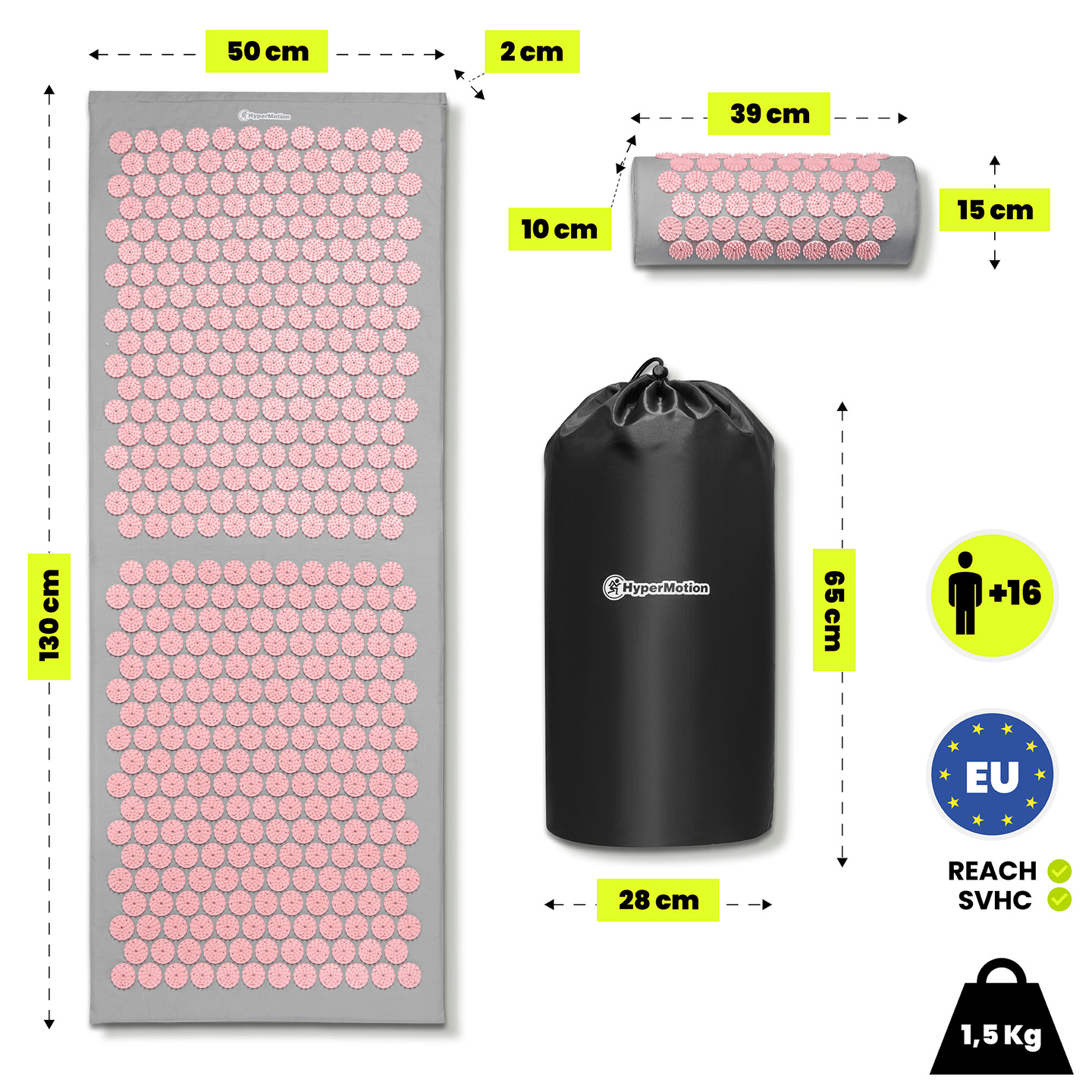 Μεγάλο στρώμα πιεσοθεραπείας με μαξιλάρι και κάλυμμα - 130 cm HyperMotion γκρι και ροζ
