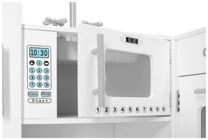 Γωνιακή ξύλινη κουζίνα XXXL με ψυγείο, φούρνο, πλυντήριο ρούχων, ποδιά και αξεσουάρ