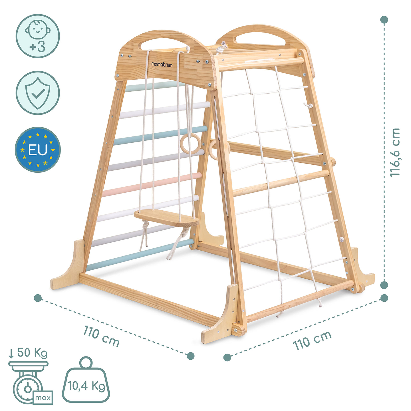 Ξύλινη εσωτερική παιδική χαρά με κούνια, γυμναστικούς κρίκους και δίχτυ αναρρίχησης