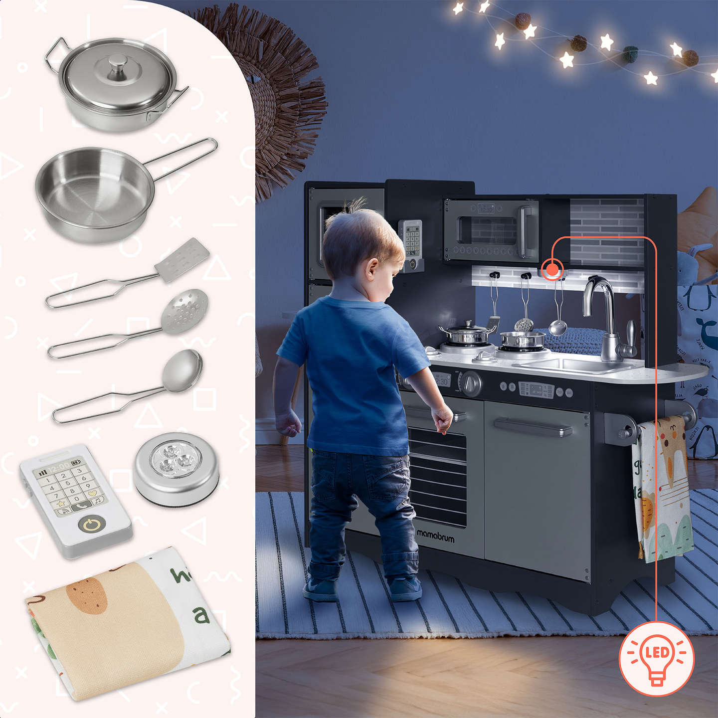 Ξύλινη κουζίνα XXL με φωτισμό LED, ποδιά και αξεσουάρ