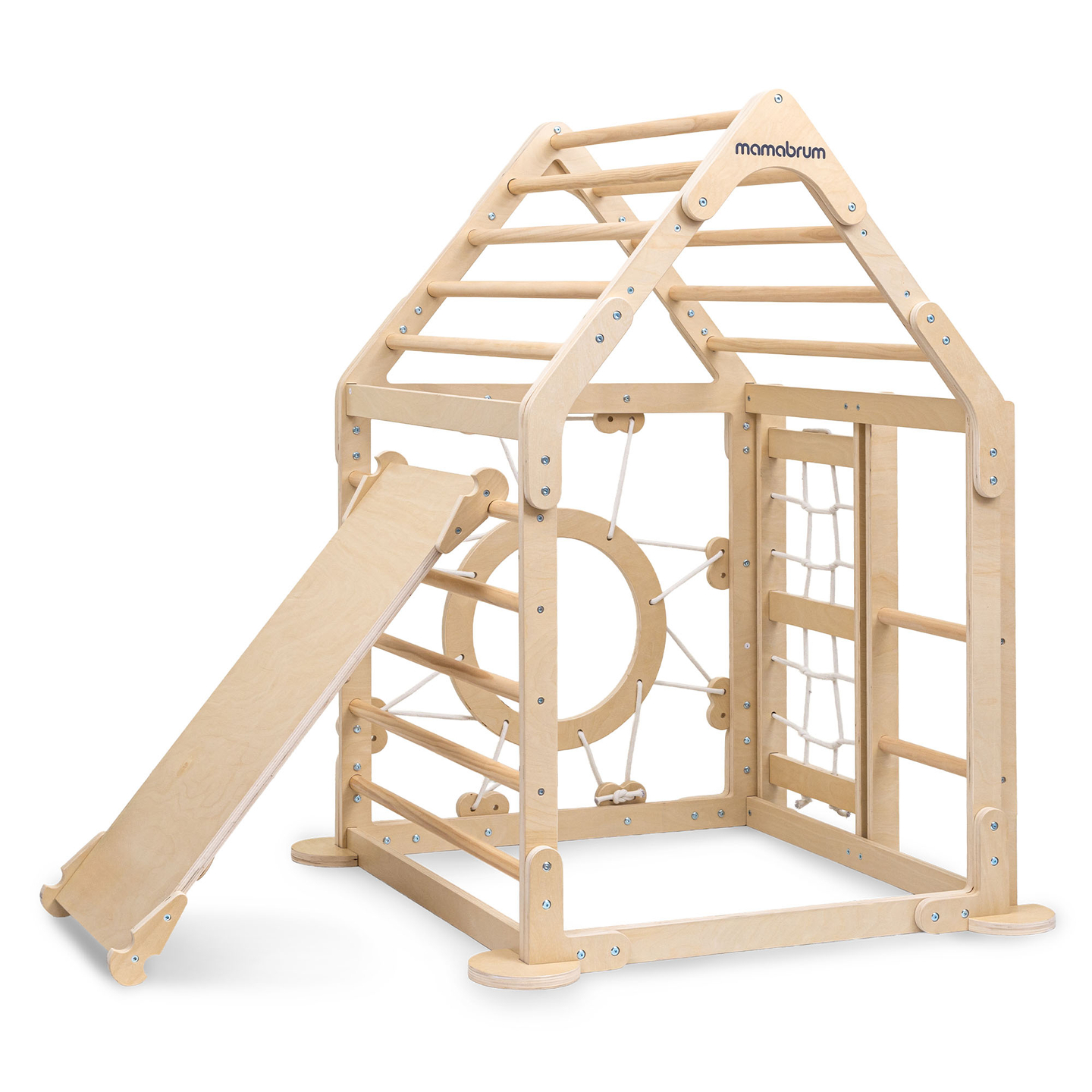 Ξύλινη εσωτερική παιδική χαρά για παιδιά - ένα σπίτι με σκάλες και μια τσουλήθρα