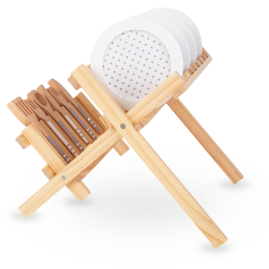 Ξύλινα αξεσουάρ κουζίνας με στεγνωτήρα κατσαρόλας - σετ για παιδιά