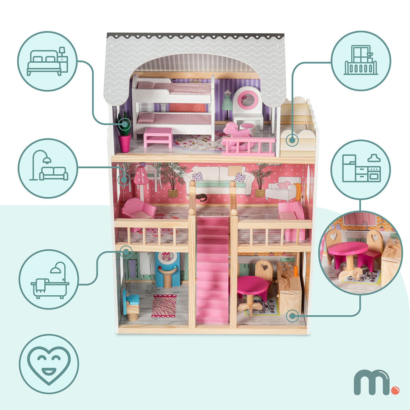 Μεγάλο ξύλινο 3όροφο κουκλόσπιτο με βεράντα, σετ επίπλων και φωτισμό LED!