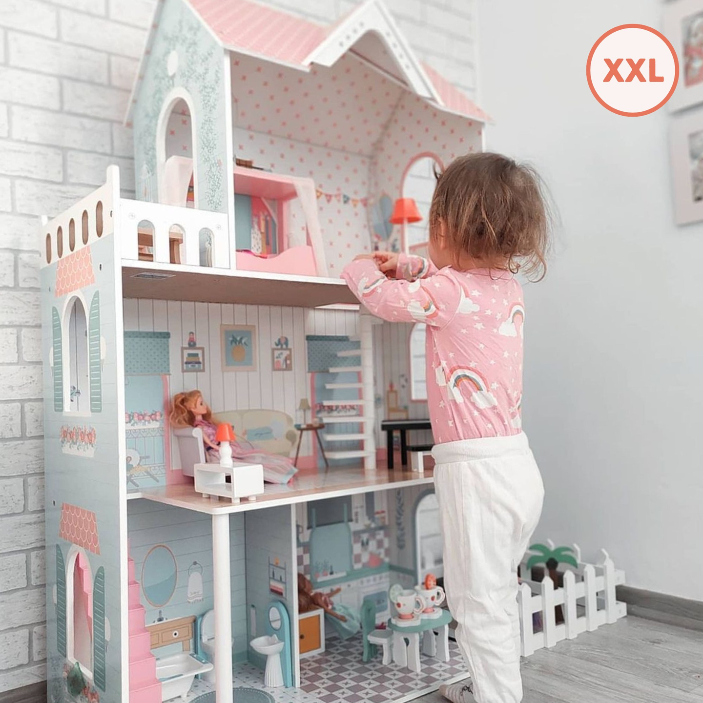 XXL Το μεγαλύτερο ξύλινο κουκλόσπιτο - 123 cm - φωτιζόμενο με LED - βεράντα, αξεσουάρ, κήπος