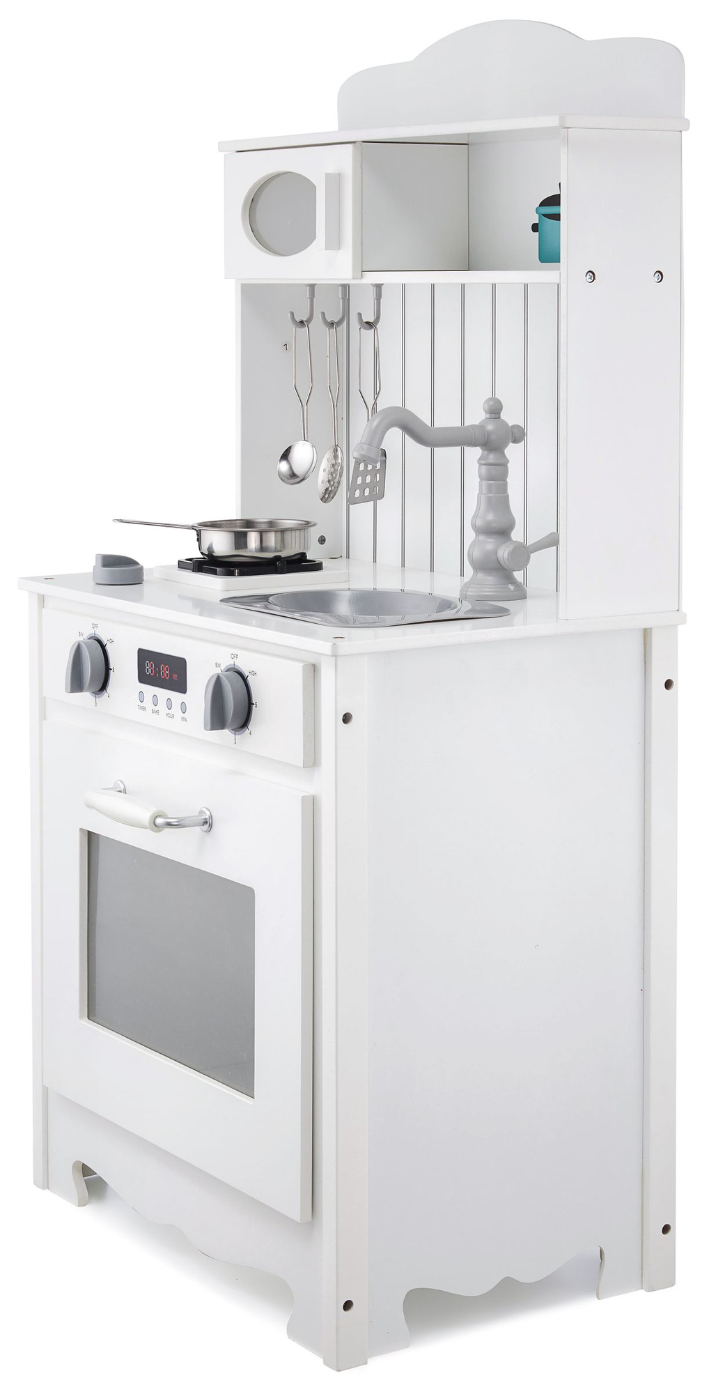 Λευκή ξύλινη κουζίνα με ποδιά, αξεσουάρ και λάμπα LED