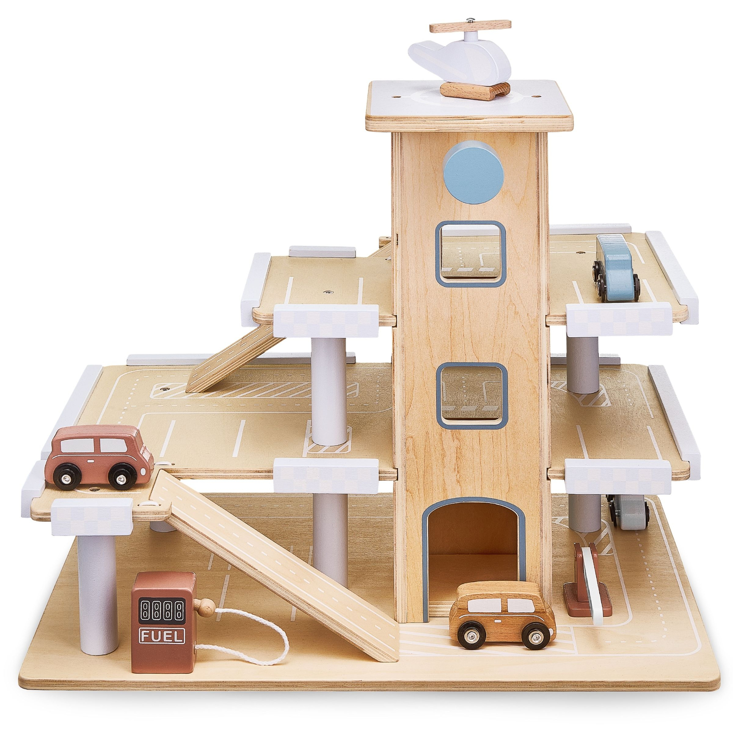 Ξύλινος τριώροφος χώρος στάθμευσης με ανελκυστήρα - γκαράζ με αυτοκίνητα και ελικόπτερο