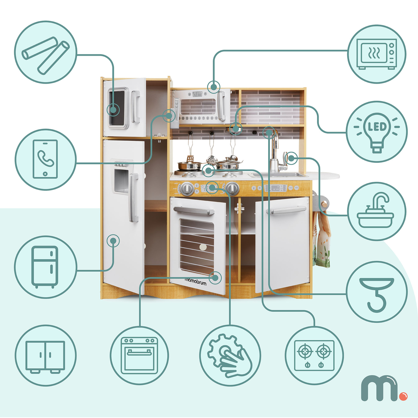 Ξύλινη κουζίνα XXL με φωτισμό LED, ποδιά και αξεσουάρ