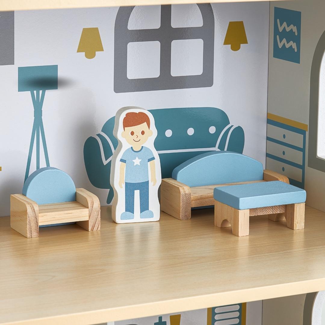 Λευκό ξύλινο κουκλόσπιτο με βεράντα και αξεσουάρ