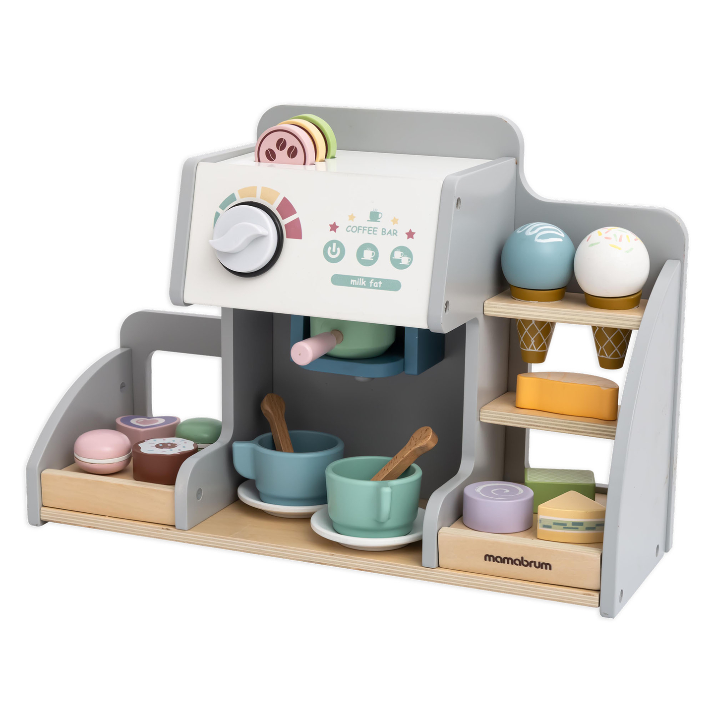 Ένα μεγάλο ξύλινο παγωτατζίδικο με μαγνητικό πίνακα, καφετιέρα και σετ παγωτού και γλυκών - πάνω από 70 κομμάτια!