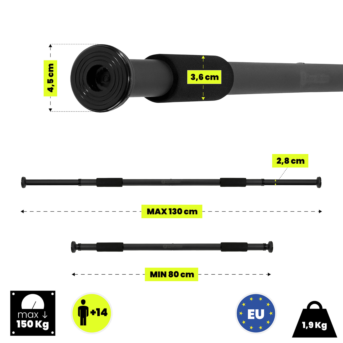 Ρυθμιζόμενη μπάρα HyperMotion 80-130 cm, 150 kg, μαύρη