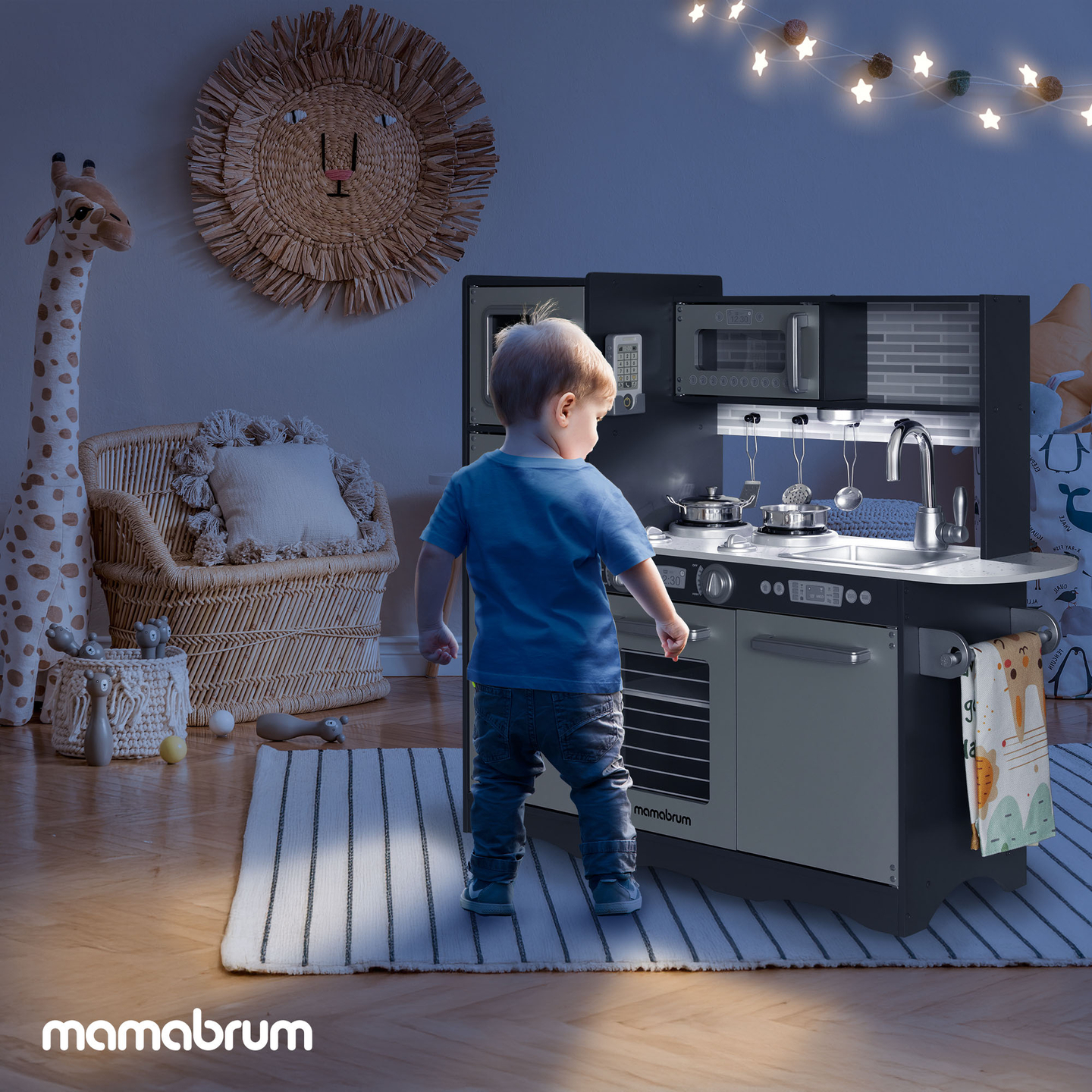 Ξύλινη κουζίνα XXL με φωτισμό LED, ποδιά και αξεσουάρ