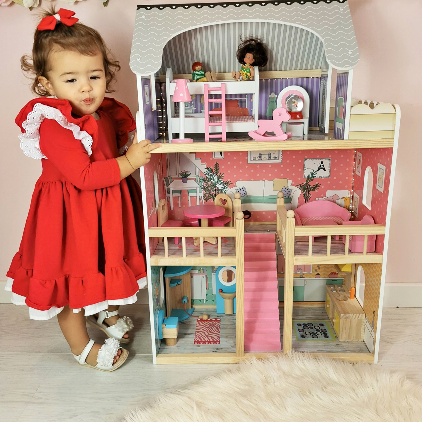 Μεγάλο ξύλινο 3όροφο κουκλόσπιτο με βεράντα, σετ επίπλων και φωτισμό LED!