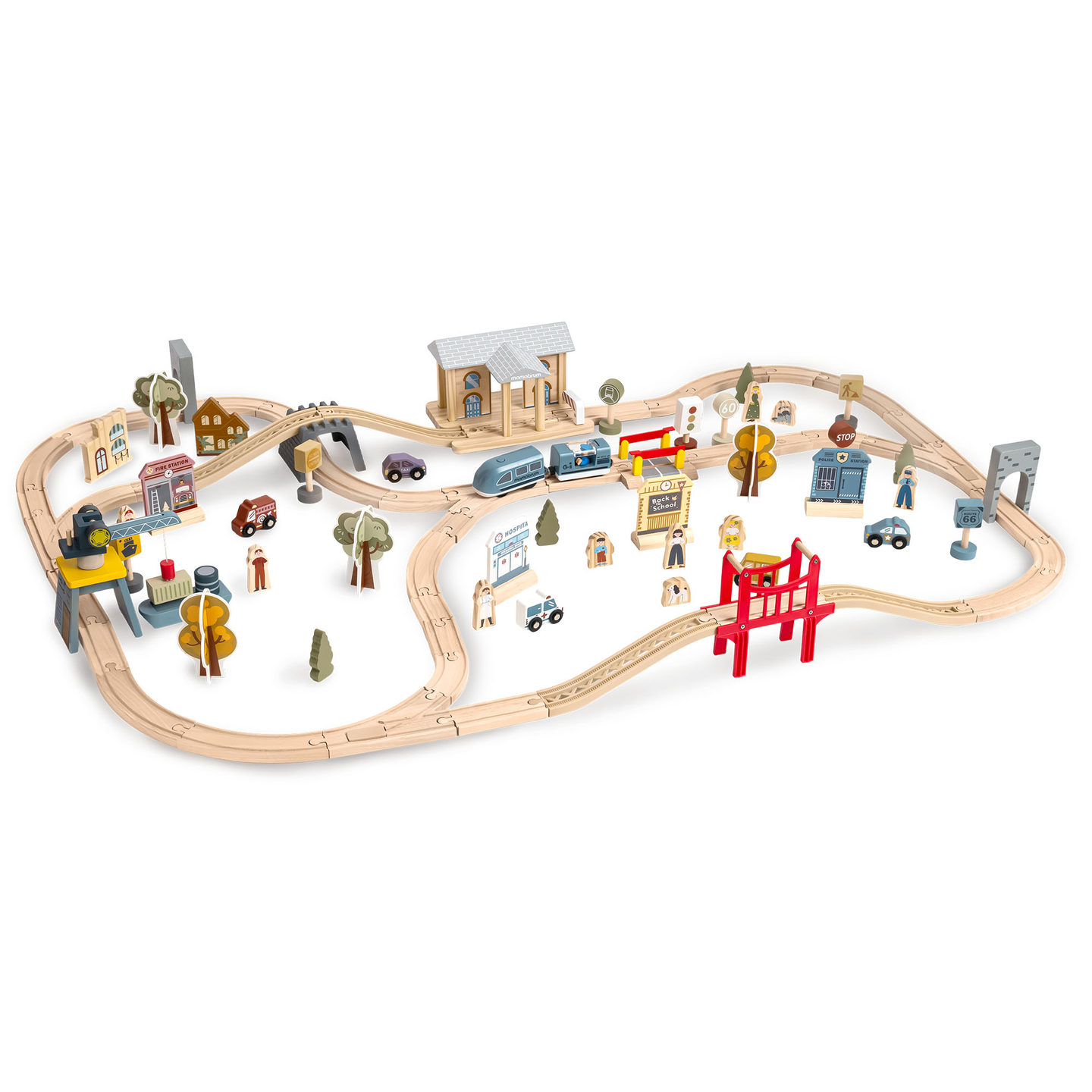 Ξύλινος σιδηρόδρομος πόλης με ηλεκτρικό τρένο - κινούμενος γερανός, πλοίο, γέφυρες