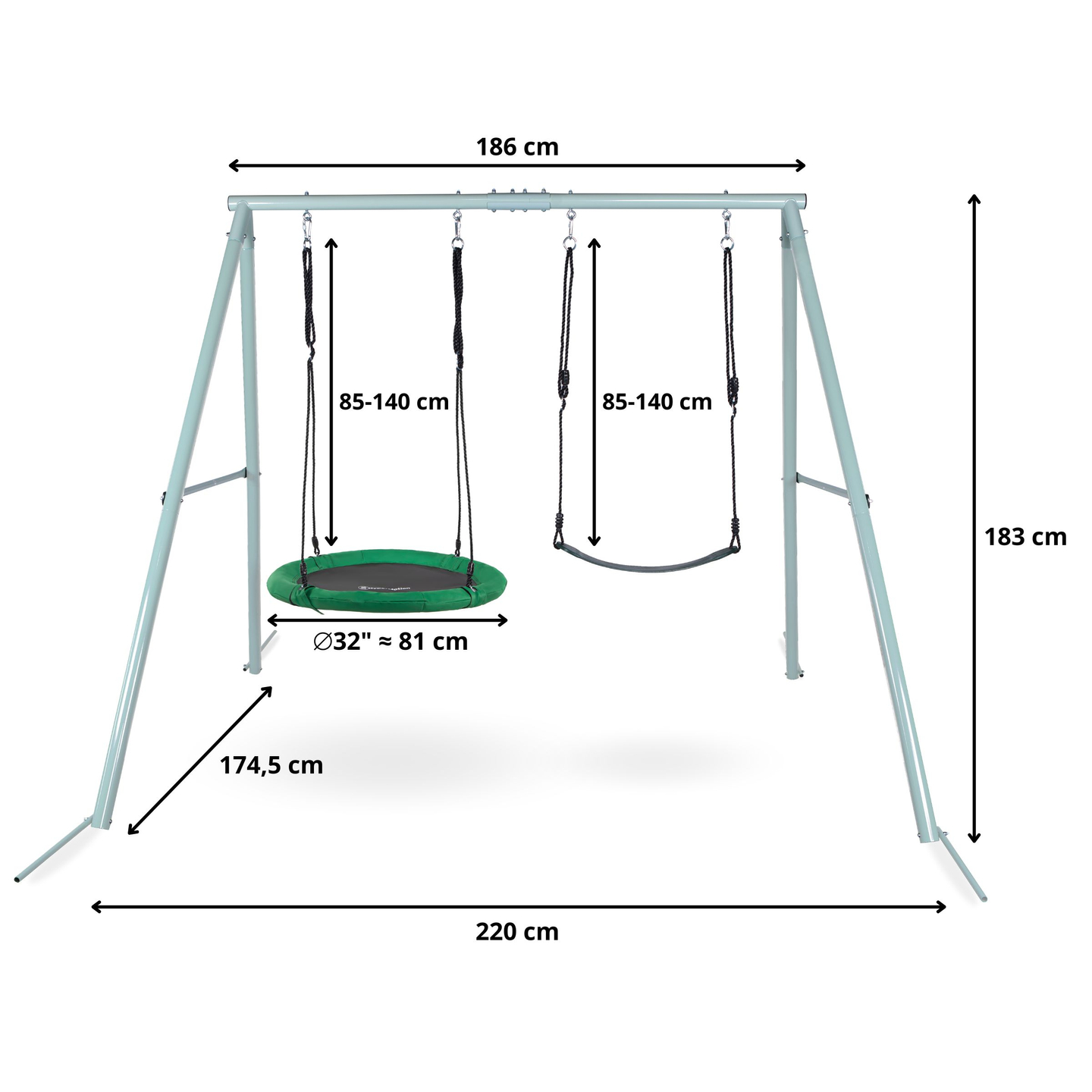Διπλή κούνια κήπου με πλαίσιο και σχοινιά - κάθισμα και φωλιά πελαργού