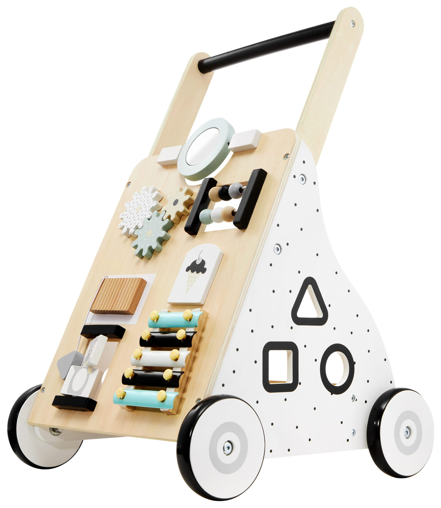 Ξύλινη, εκπαιδευτική παιδική περπατούρα / καροτσάκι - πίνακας χειρισμού