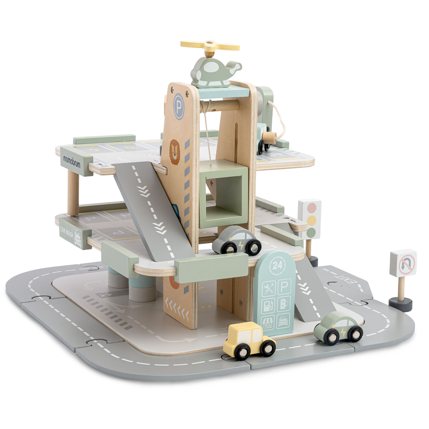 Ξύλινο, τριώροφο γκαράζ για παιδιά με αξεσουάρ – χώρος στάθμευσης, βενζινάδικο, πλυντήριο αυτοκινήτων, ελικόπτερο