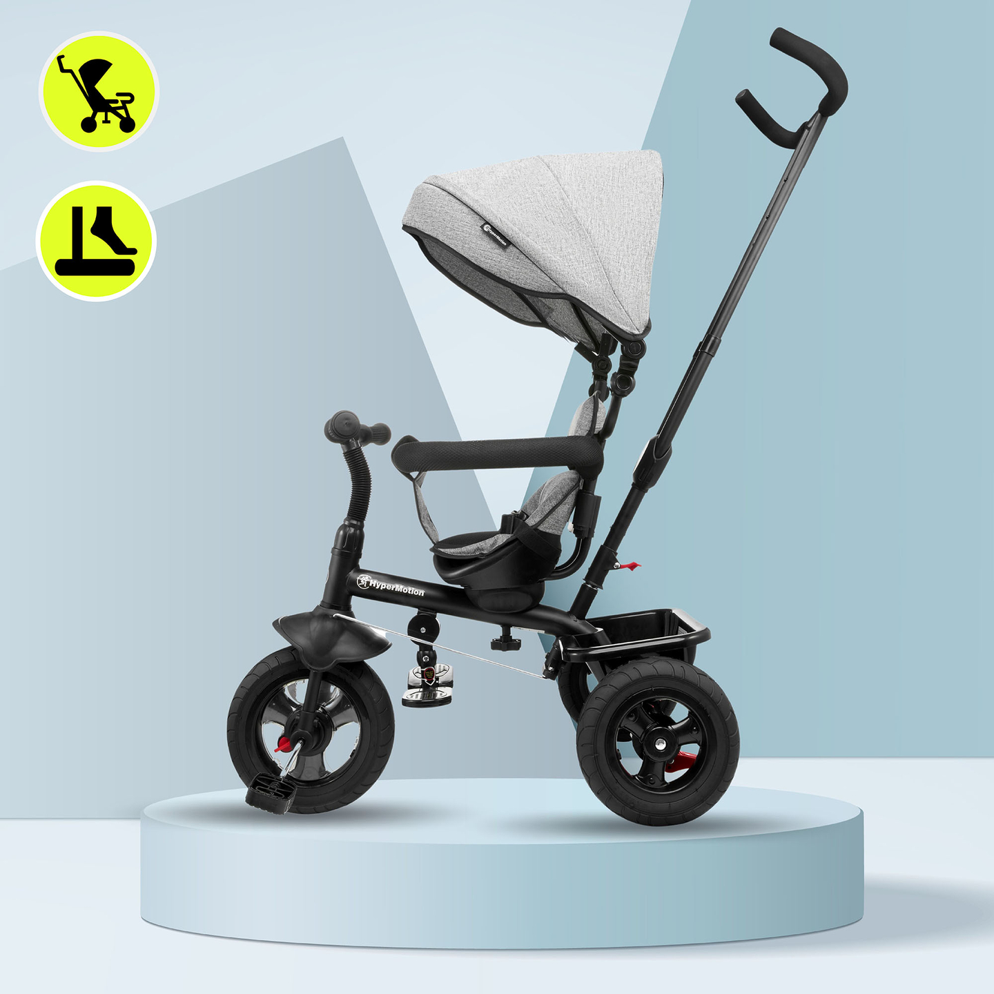 Τρίκυκλο για παιδιά 1-4 ετών - TOBI FREY - γκρι χρώμα - περιστρεφόμενο - τροχοί με αντλία + ωθητήρας