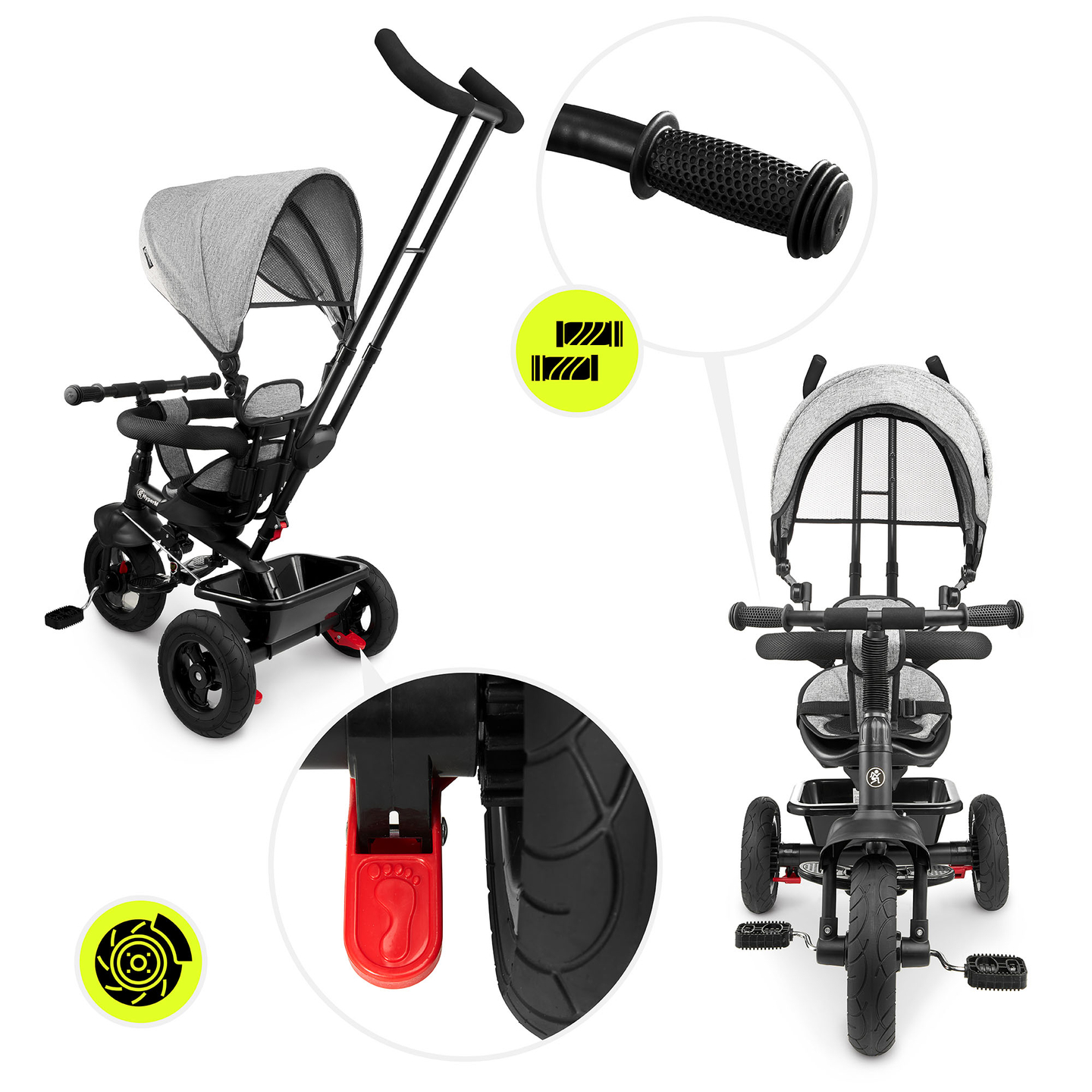 Τρίκυκλο για παιδιά 1-4 ετών - TOBI FREY - γκρι χρώμα - περιστρεφόμενο - τροχοί με αντλία + ωθητήρας