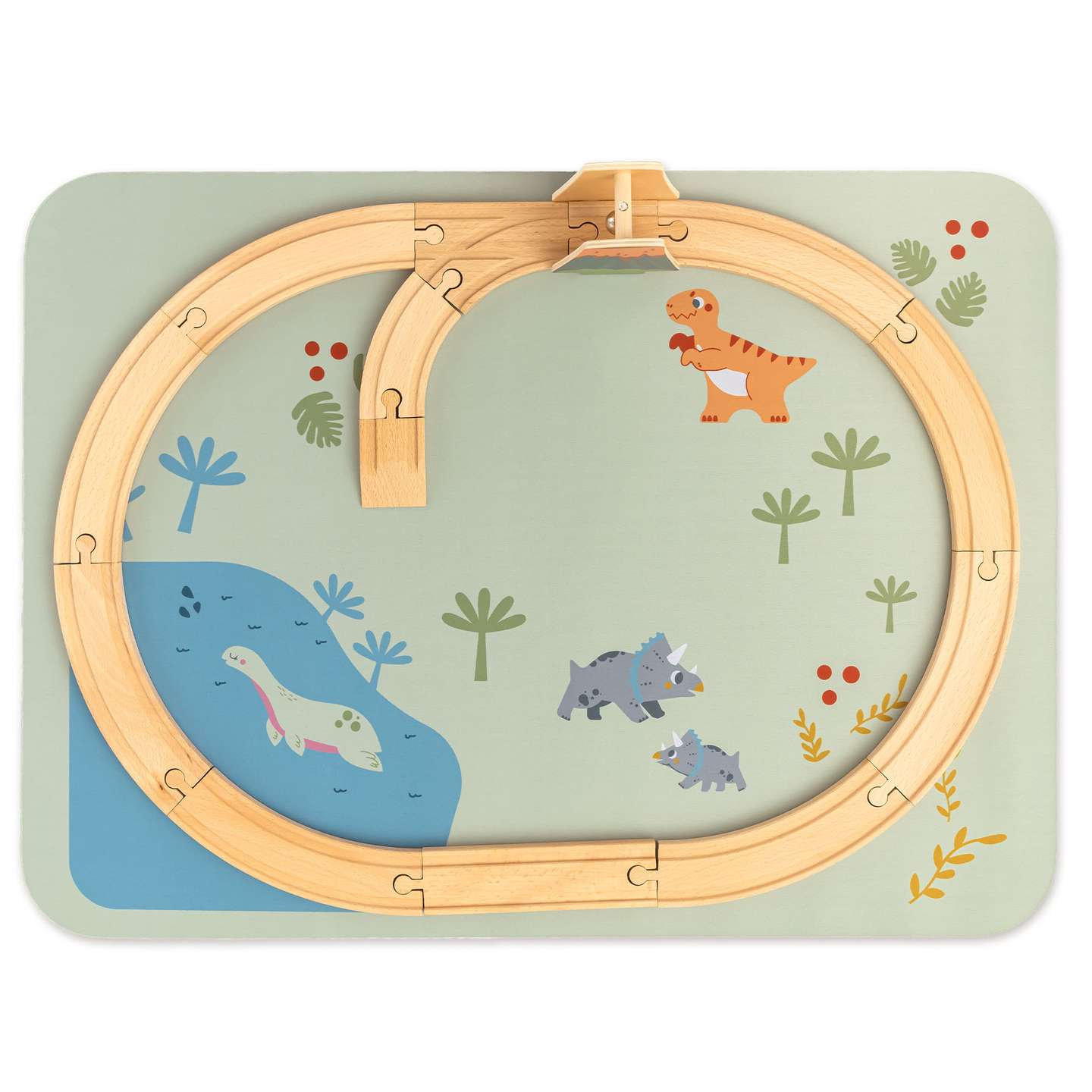 Ξύλινο τρενάκι Dino Park με αντιολισθητικό χαλάκι - δεινόσαυροι, τρένο, γραμμές, ηφαίστειο, κουδούνι