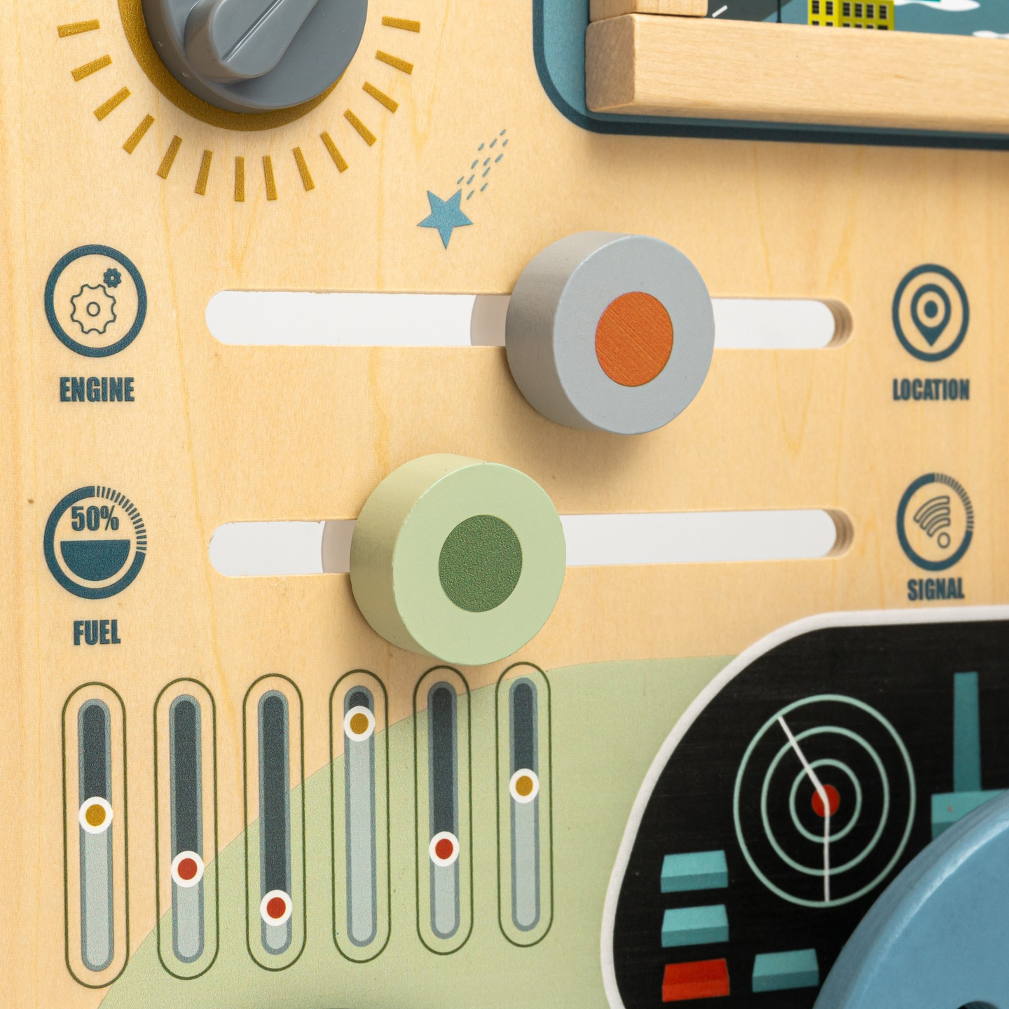 Ξύλινη σανίδα Montessori 2 σε 1 πιλοτήριο για τον μικρό οδηγό και πιλότο – τιμόνι, λεβιές ταχυτήτων, χάρτες ταξιδιού, ραντάρ