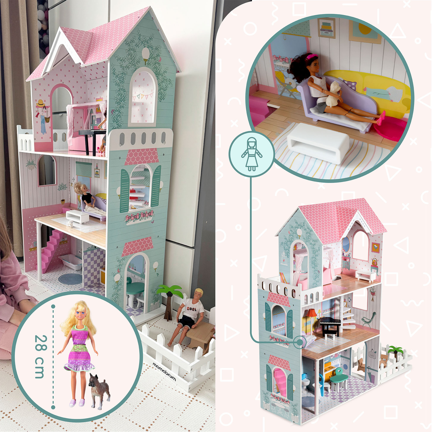 XXL Το μεγαλύτερο ξύλινο κουκλόσπιτο - 123 cm - φωτιζόμενο με LED - βεράντα, αξεσουάρ, κήπος