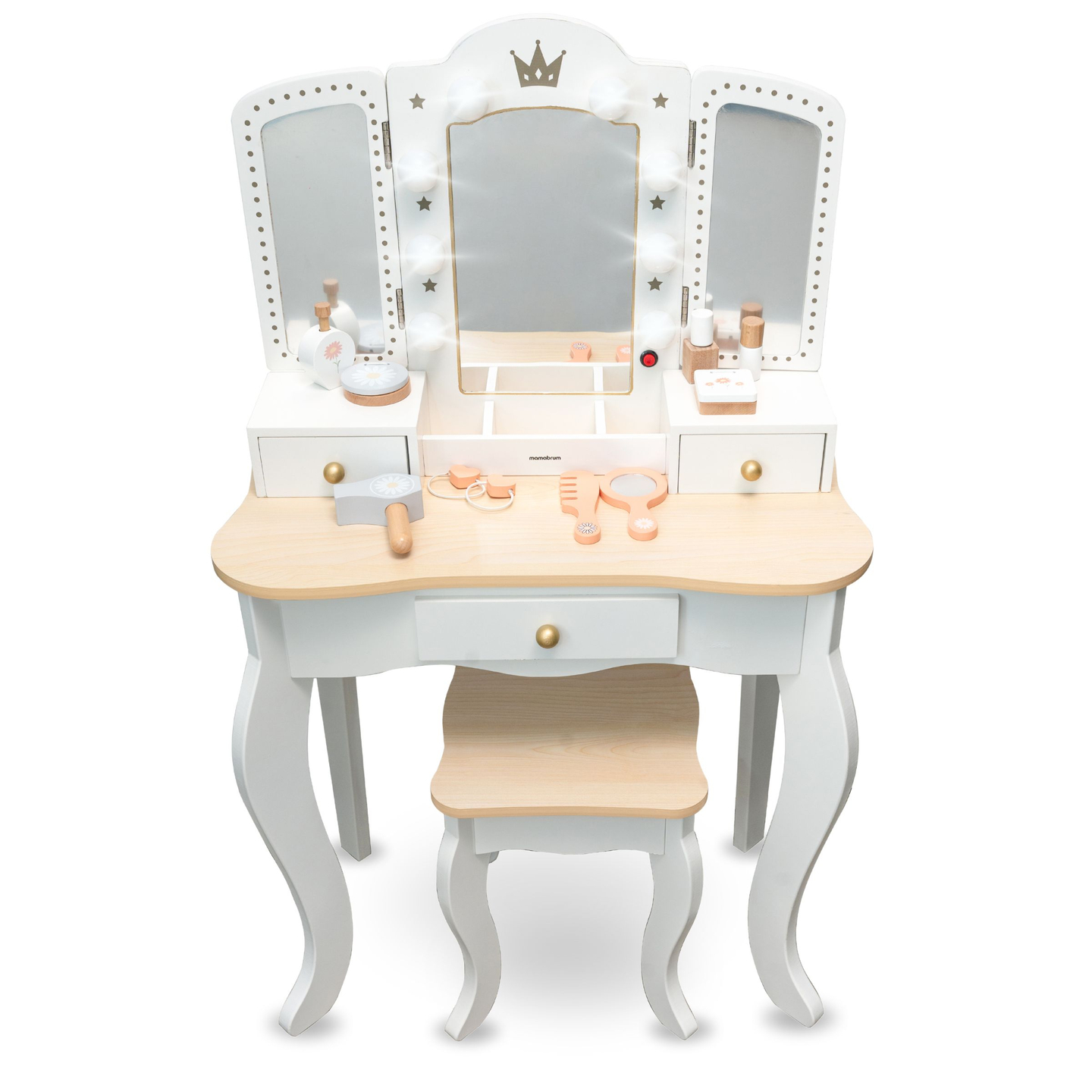 Ξύλινο κομοδίνο XXL με σκαμπό και φωτισμό LED για παιδιά + αξεσουάρ