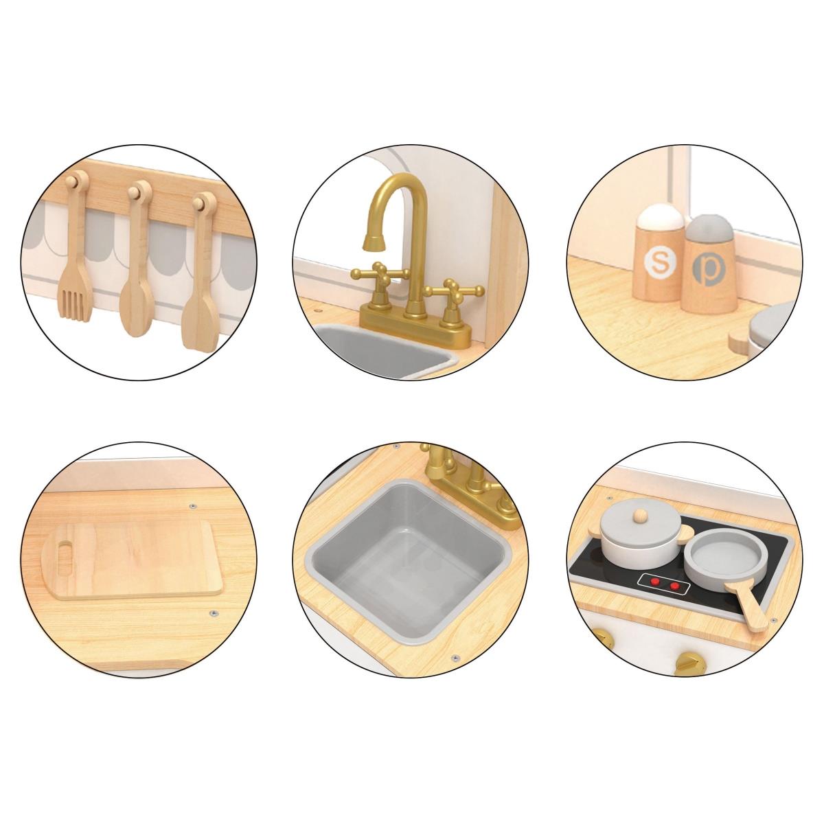 XXXL ξύλινη διαδραστική γωνιακή κουζίνα με ψυγείο, φούρνο μικροκυμάτων, φούρνο, πλυντήριο ρούχων και αξεσουάρ - φυσικό