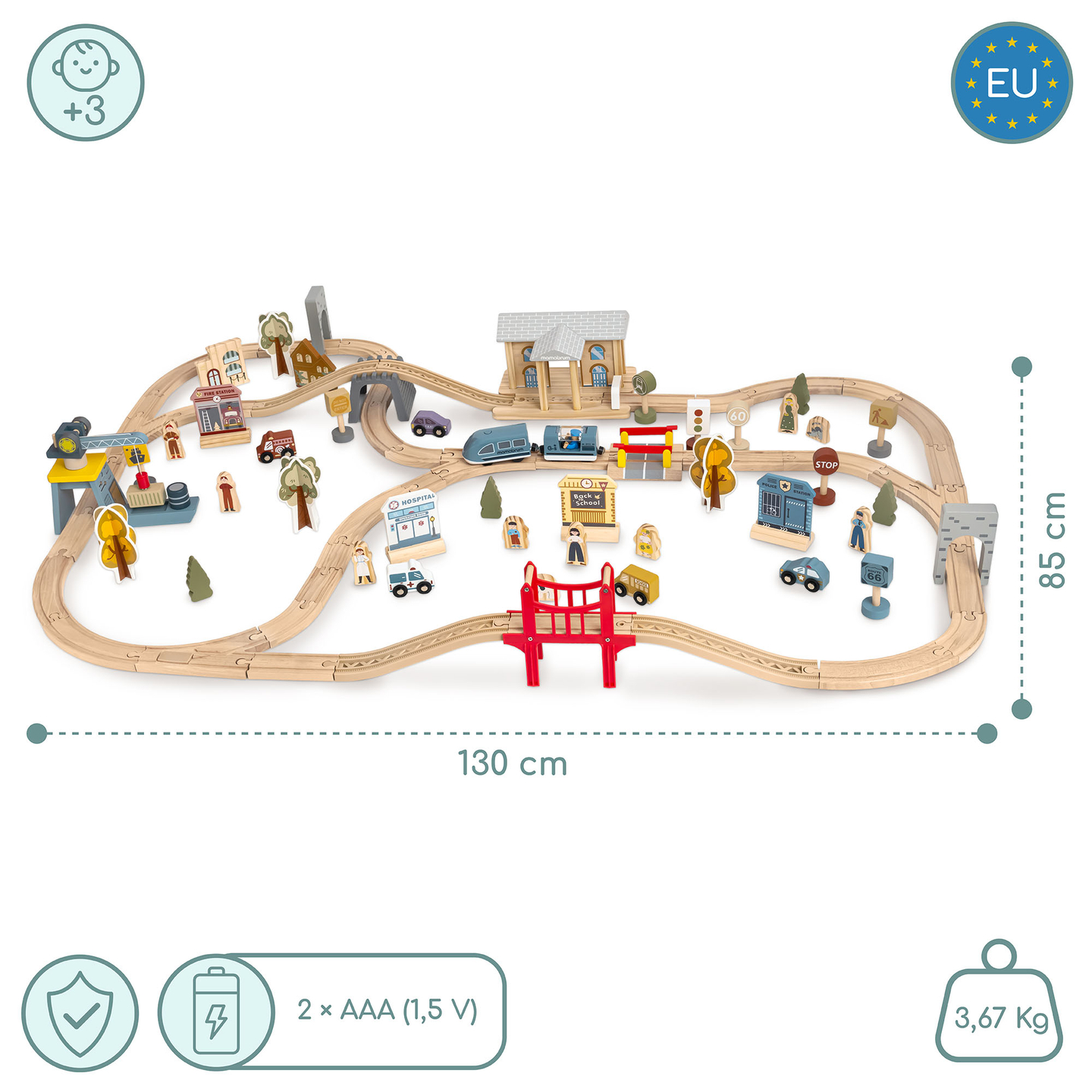 Ξύλινος σιδηρόδρομος πόλης με ηλεκτρικό τρένο - κινούμενος γερανός, πλοίο, γέφυρες