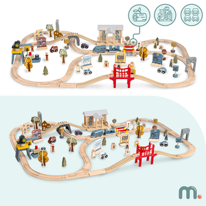 Ξύλινος σιδηρόδρομος πόλης με ηλεκτρικό τρένο - κινούμενος γερανός, πλοίο, γέφυρες