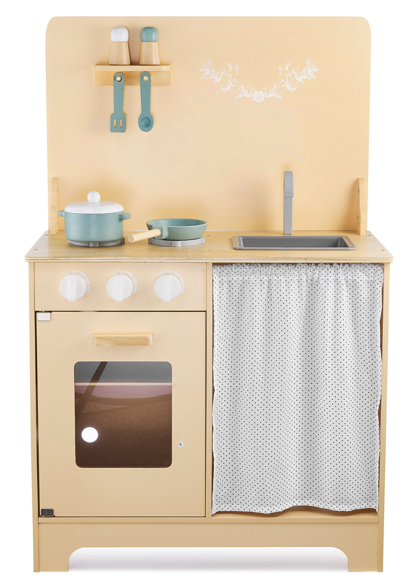 Ξύλινη κουζίνα με ποδιά, αξεσουάρ και φωτισμό LED