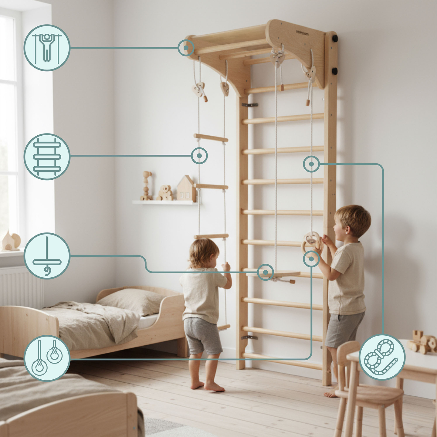 Ξύλινη γυμναστική σκάλα για παιδιά με αξεσουάρ - κούνια πιάτου, γυμναστικοί κρίκοι και σκάλα από σχοινί