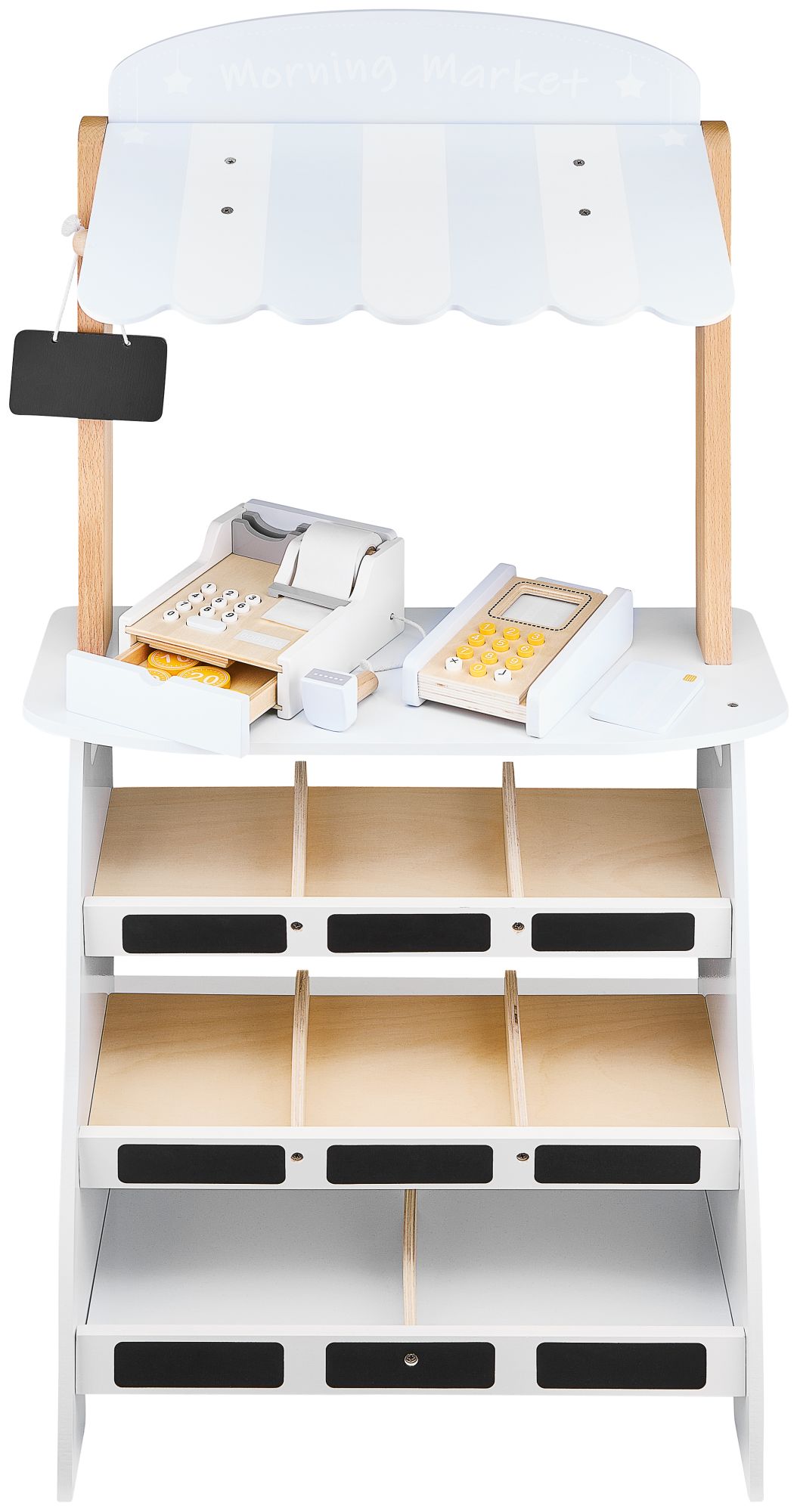 Κατάστημα λαχανικών - ξύλινος πάγκος με κιβώτια, ταμειακή μηχανή και τερματικό