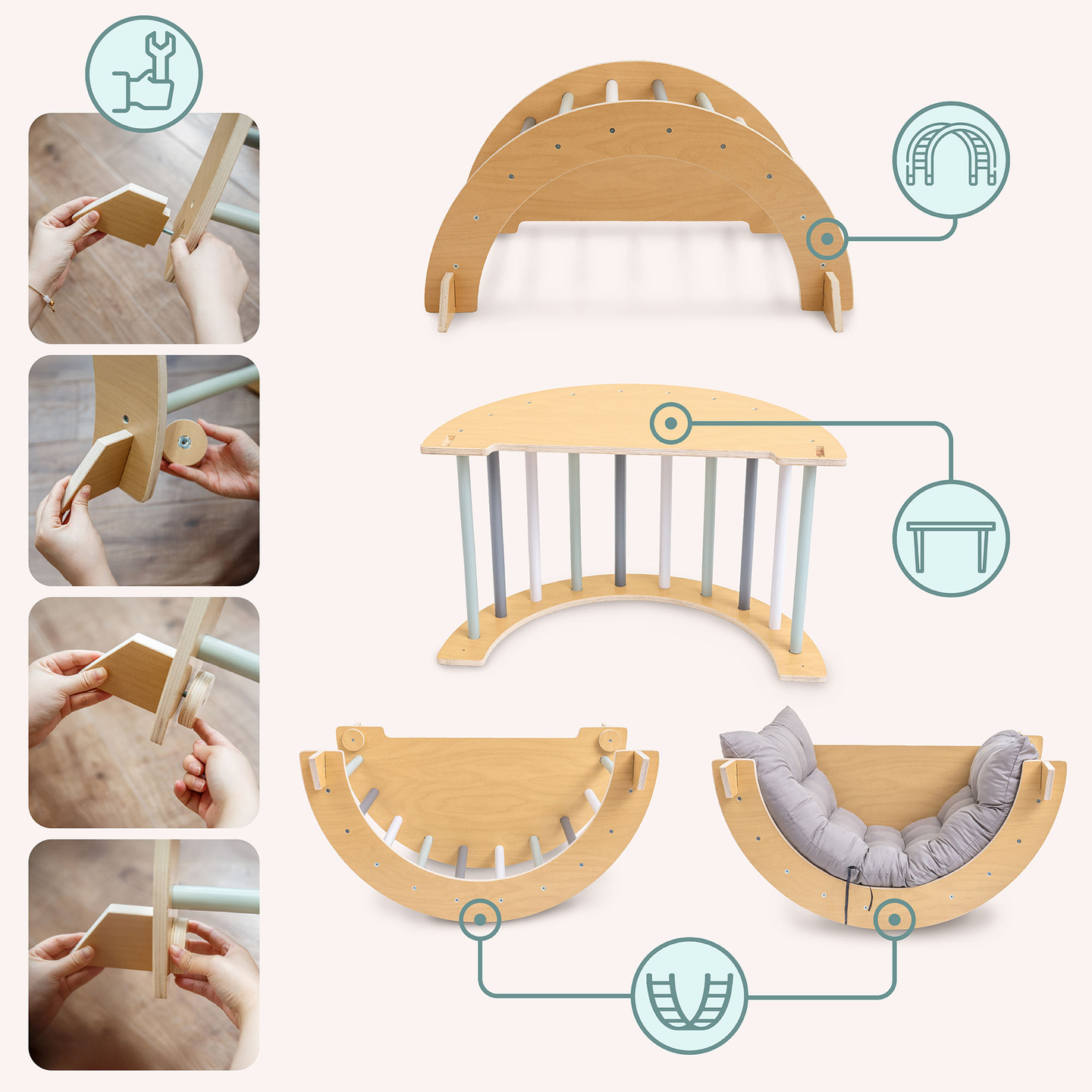 Ξύλινη εσωτερική παιδική χαρά για παιδιά - τοίχος αναρρίχησης, τσουλήθρα, αψίδα/ρηχή πλατφόρμα αναρρίχησης και τρίγωνο Pikler