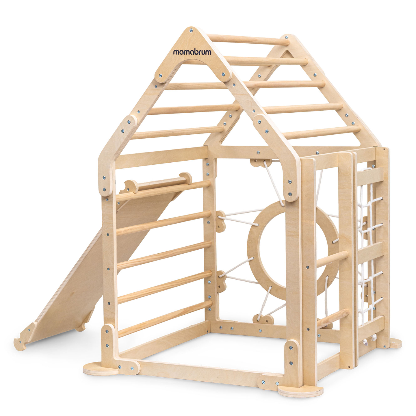 Ξύλινη εσωτερική παιδική χαρά για παιδιά - ένα σπίτι με σκάλες και μια τσουλήθρα