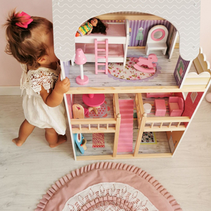 Μεγάλο ξύλινο 3όροφο κουκλόσπιτο με βεράντα, σετ επίπλων και φωτισμό LED!