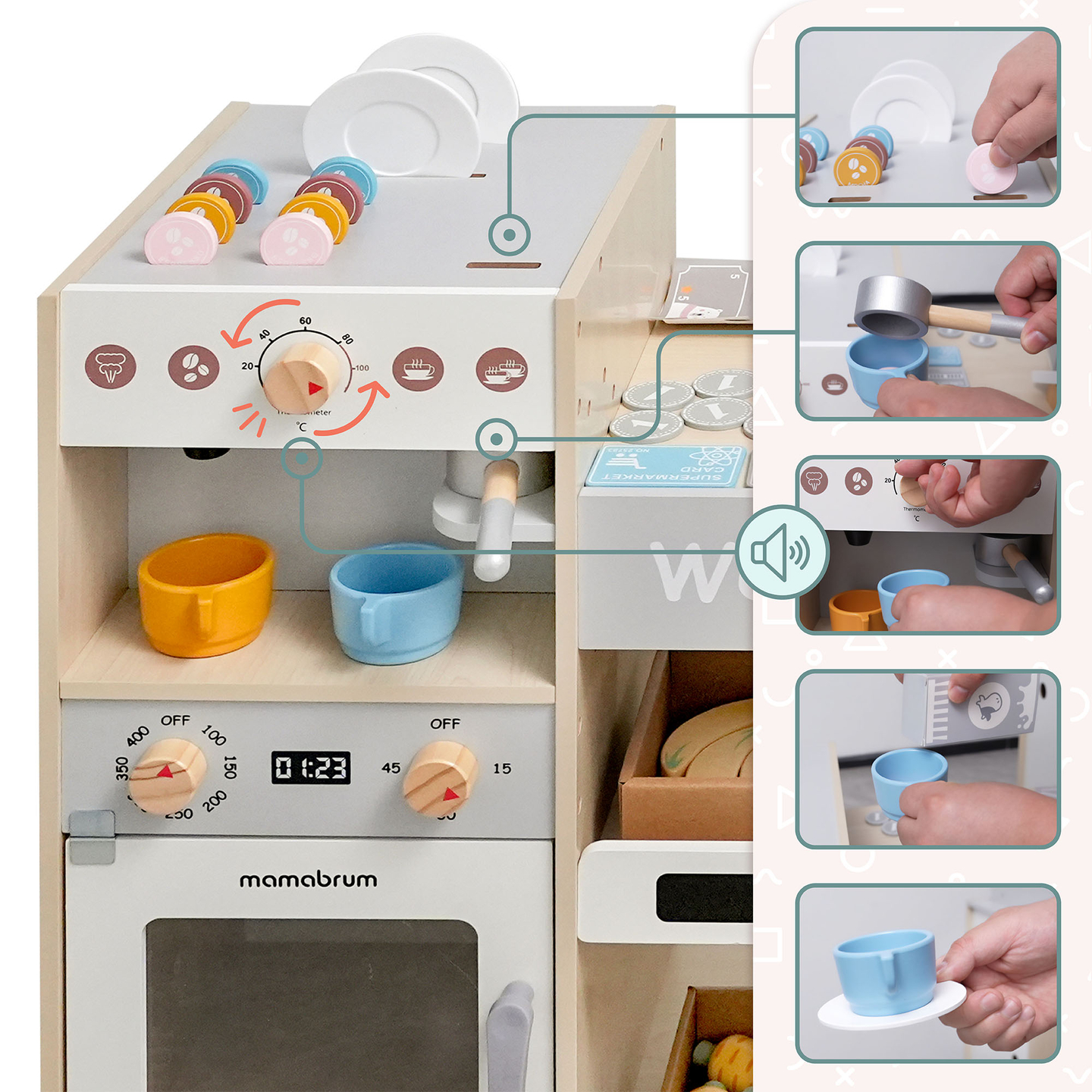 Μεγάλο ξύλινο κατάστημα XXXL για παιδιά με fast food bar - Γωνιακό κατάστημα + Καφετιέρα + Φούρνος + Ψυγείο - 106 ac.