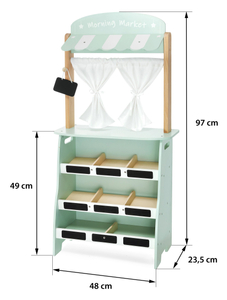 Μεγάλο ξύλινο κατάστημα - πάγκος και θέατρο 2 σε 1 με ζυγαριά, τερματικό πληρωμής, φρούτα και λαχανικά