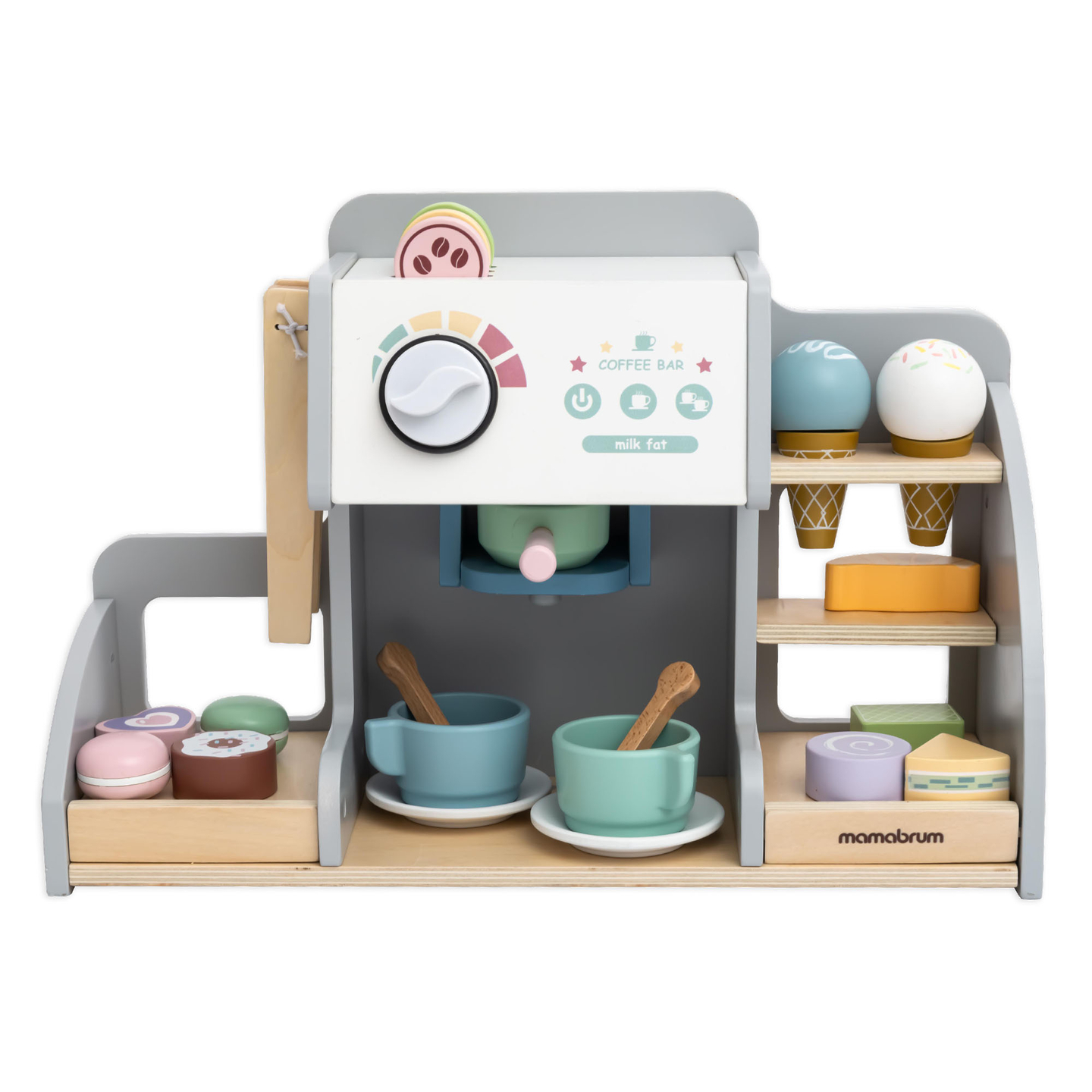 Ένα μεγάλο ξύλινο παγωτατζίδικο με μαγνητικό πίνακα, καφετιέρα και σετ παγωτού και γλυκών - πάνω από 70 κομμάτια!