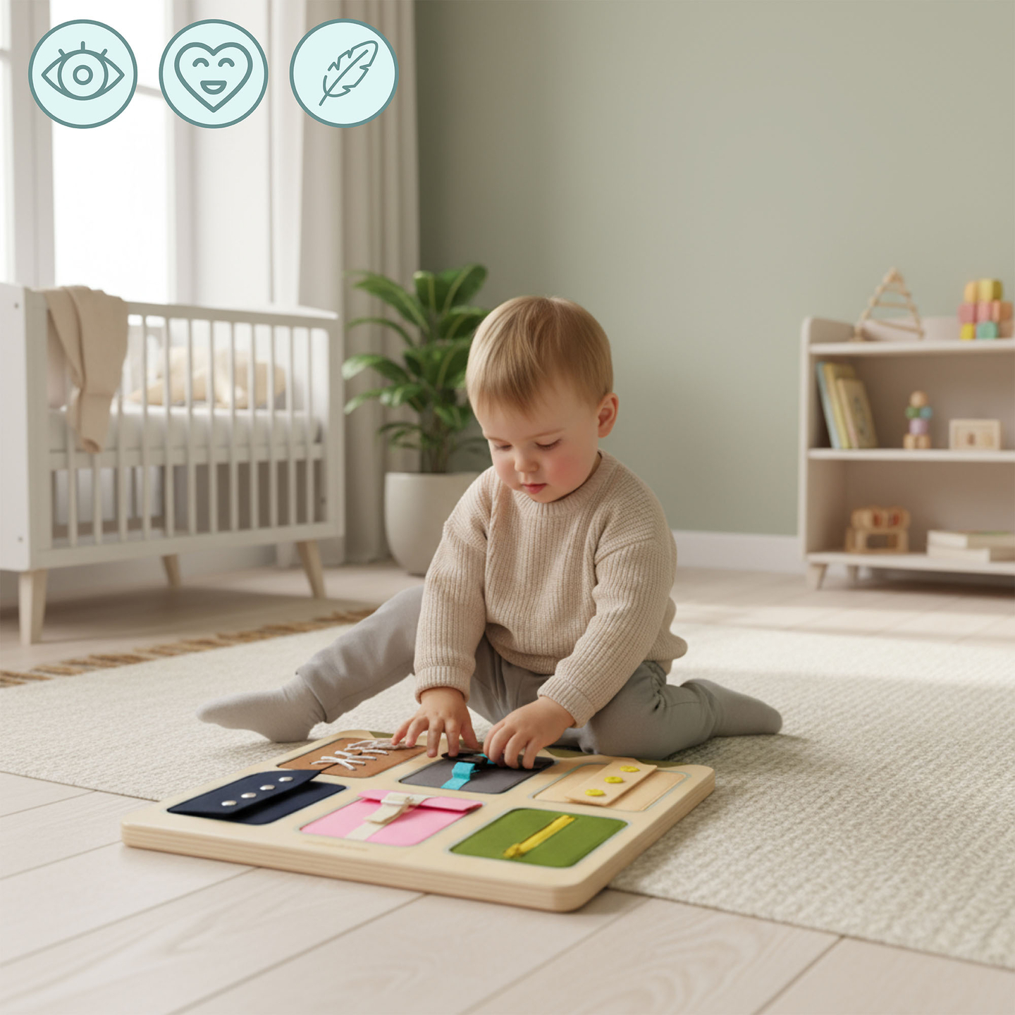 Ξύλινη σανίδα χειρισμού Montessori – Αισθητηριακή μάθηση ανεξαρτησίας - κορδόνια, αγκράφες, κουμπιά, κουμπώματα, φερμουάρ